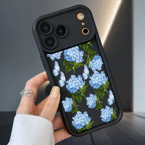 Blue Hydrangea Print Case for iPhone 17 Air 16 16e 15 14 13 12 11 Pro Max Plus X XS Pattern Soft Matte TPU Armor Lens Protection Rugged Phone Back Cover for