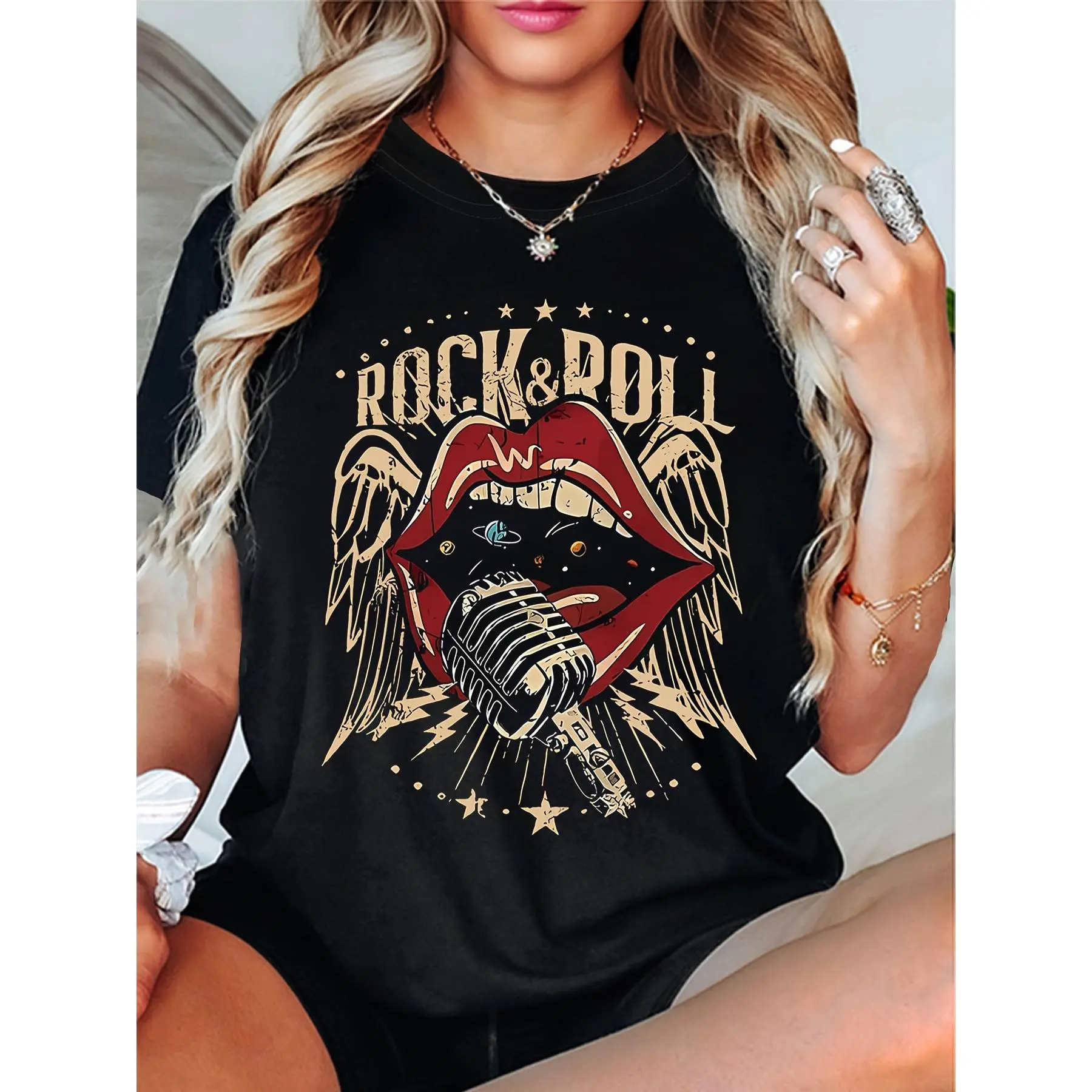 Women's Knit Seamless Rock & Roll Music T-Shirt - Short Sleeve Crew Neck Top with Rock Print, Casual Knit Fabric Party & Streetwear Outfits for Concerts, Machine Washable Spring Summer Tee