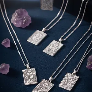 Tarot Card Pendant Necklace in Antique Silver Mystic Modern Jewelry with The Wheel of Fortune The Sun The Star Designs Stainless Steel Charm