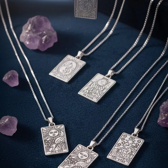 Tarot-Inspired Antique Silver Tarot Card Pendant Necklace - Crafted Stainless Steel Charm, Casual Style Accessory, Layering Chain Jewelry Necklaces with The Wheel of Fortune, The Sun, The Star Designs for Mystic Costume Jewelry, Layering Jewelry