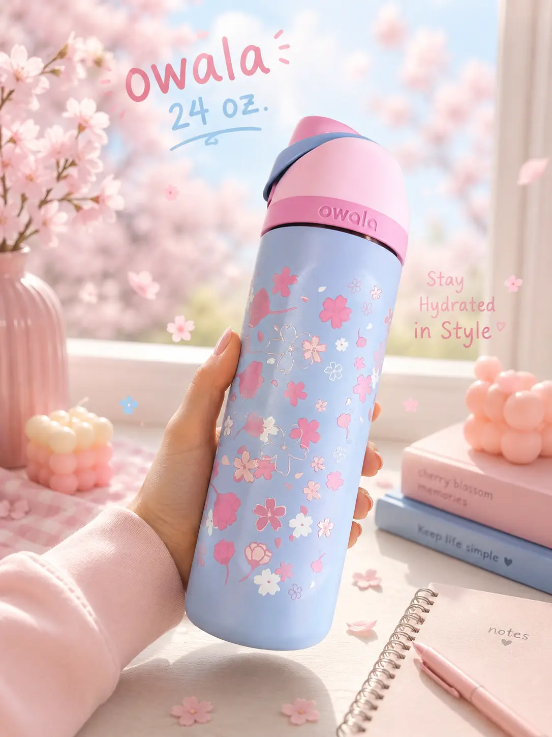 NEW Owala FreeSip 24oz Cherry Blossom Insulated Stainless Steel Water Bottle Limited Edition