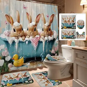 Easter Theme Shower Curtain Sets with Rabbit and Bathtub Design, Non-Slip Mat, U-Shaped Rug, Toilet Lid Cover, Includes 12 Hooks