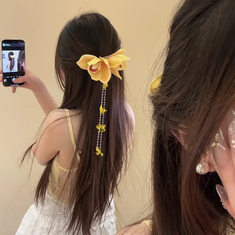 Yellow Fabric Flower Hairpins for Women Glass Beads Petal Tassel Spring Clips Sweet Romantic Hairgrips Holiday Hair Accessories Yellow Fabric Flower Hairpins for Women Glass Beads Petal Tassel Spring Clips Sweet Romantic Hairgrips Holiday Hair Accessories