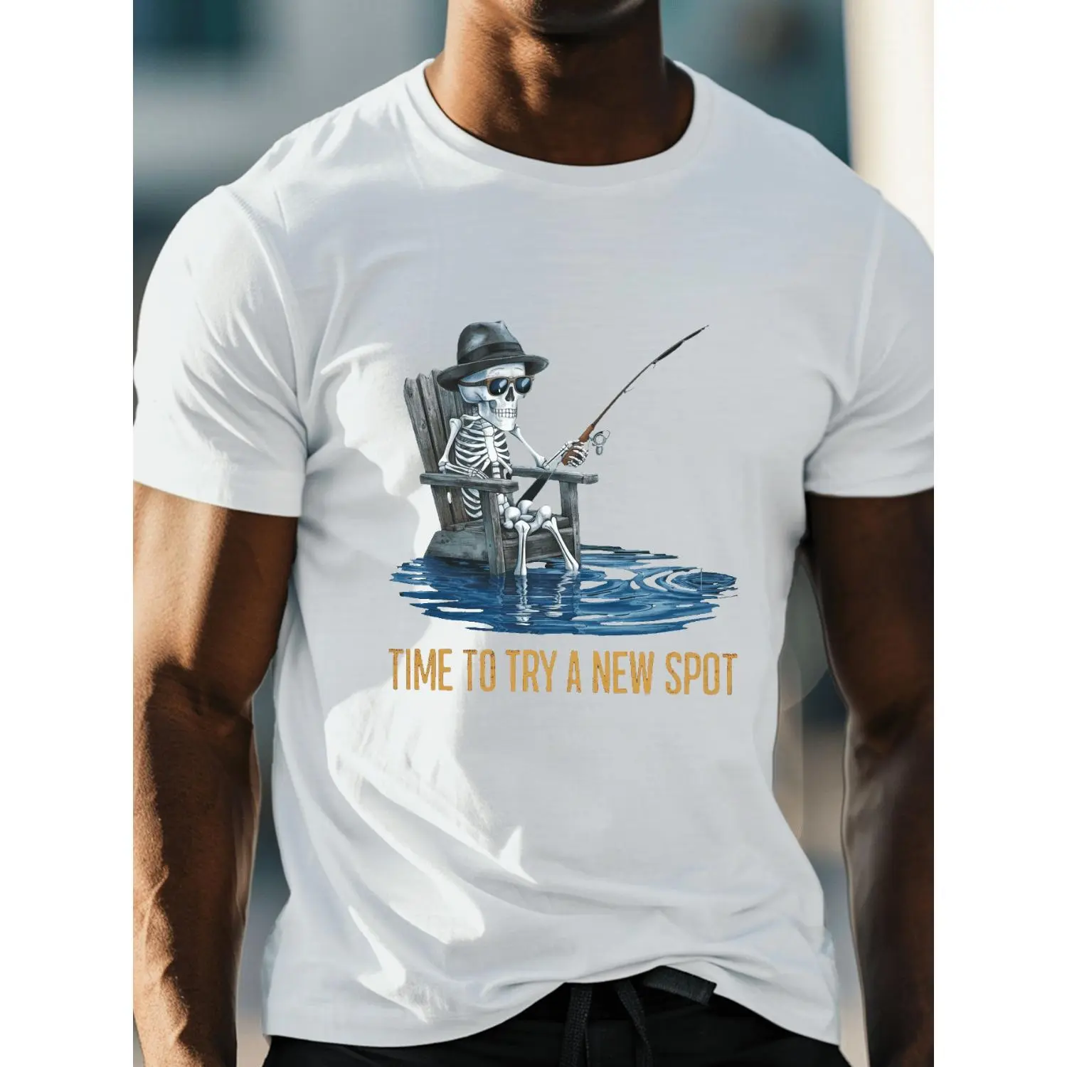 Men's summer t-shirt, Skeleton fishing graphic print short sleeve tees trend casual tops for daily life, big & tall guys
