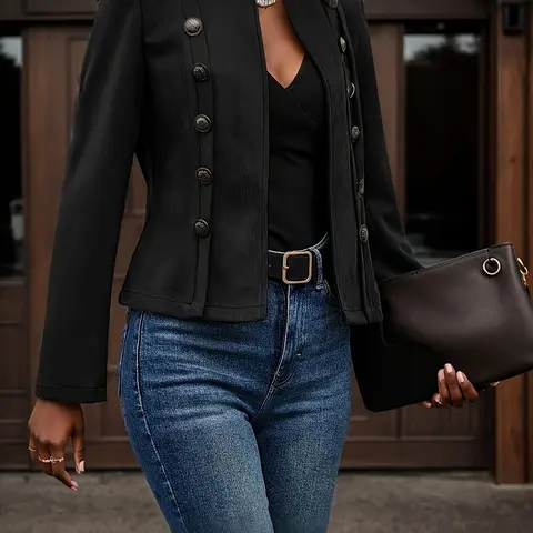 Women's Vintage Fitted Double-Breasted Mock Neck Long-Sleeve Knit Button Coat - Chic Everyday Outwear for Spring & Fall Casual Use, Comfortable Stylish 1-Piece to Match Skirts, Jeans, Easter-Ready Top