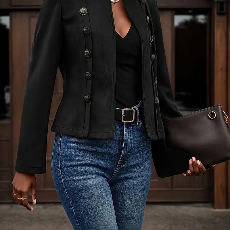 Women's Vintage Fitted Double-Breasted Mock Neck Long-Sleeve Knit Button Coat - Chic Everyday Outwear for Spring & Fall Casual Use, Comfortable Stylish 1-Piece to Match Skirts, Jeans, Easter-Ready Top