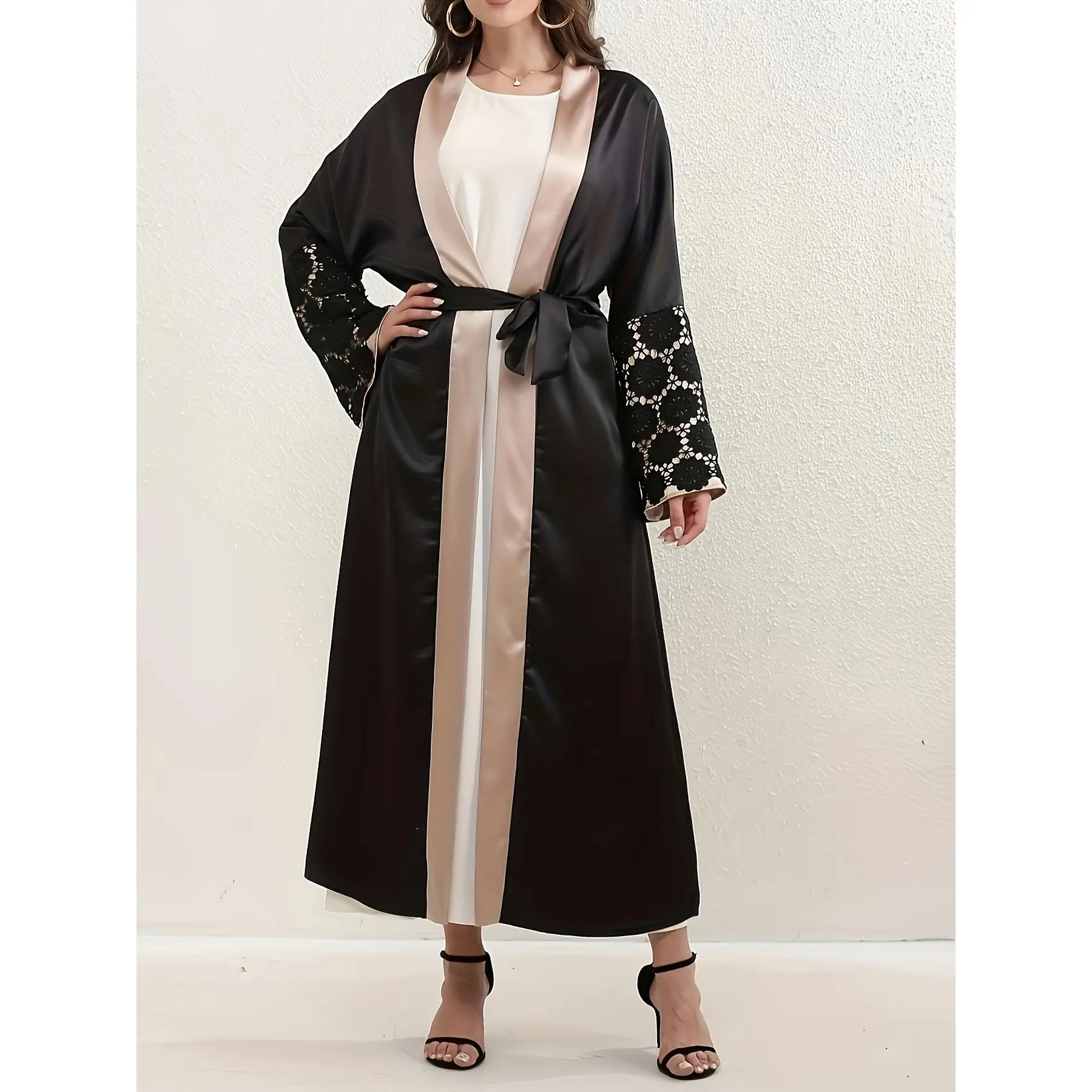 Long-sleeved Loose Open Cardigan with Lace Cuff And Belt