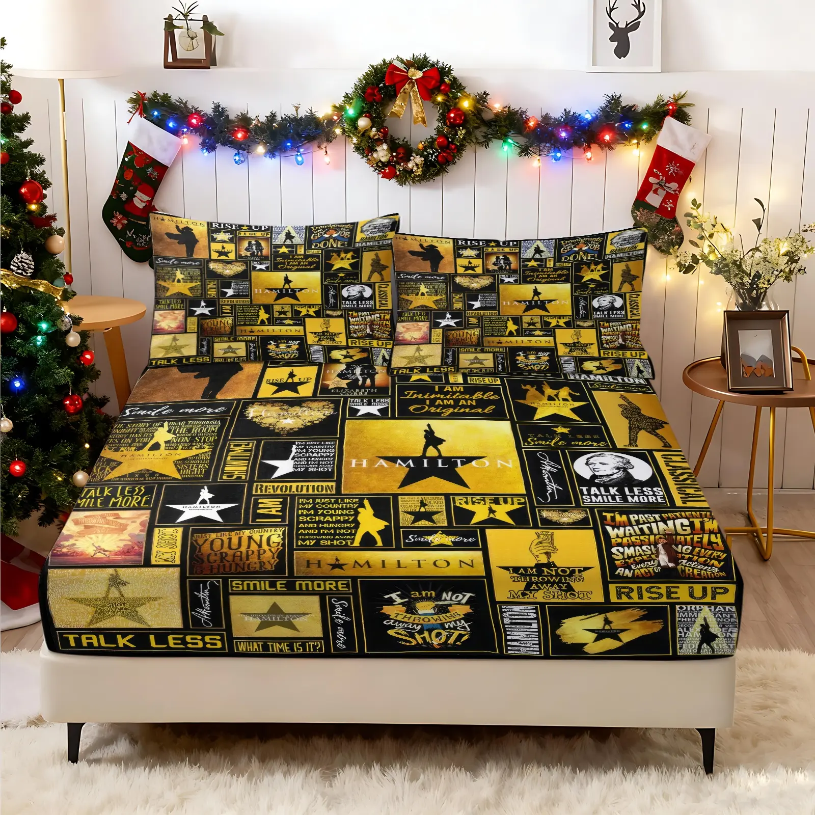 This set of fitted sheets and pillowcases features a Hamilton-themed print from the musical. Bedsheet Sets Polyester Bedding The artistic and trendy design makes it a thoughtful gift for any occasion, including holidays and birthdays.