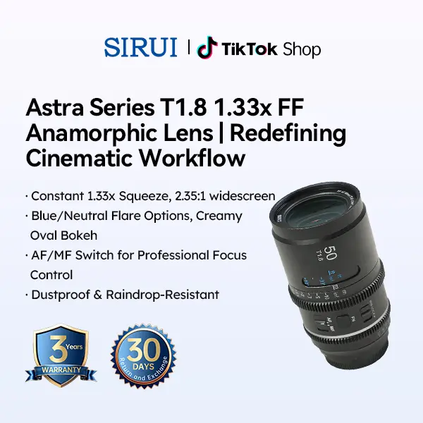 SIRUI Astra 50/75/100mm T1.8 1.33x Full-Frame Autofocus Anamorphic Cine Lens for E/L/Z Mount Cameras, Neutral/Blue Flare