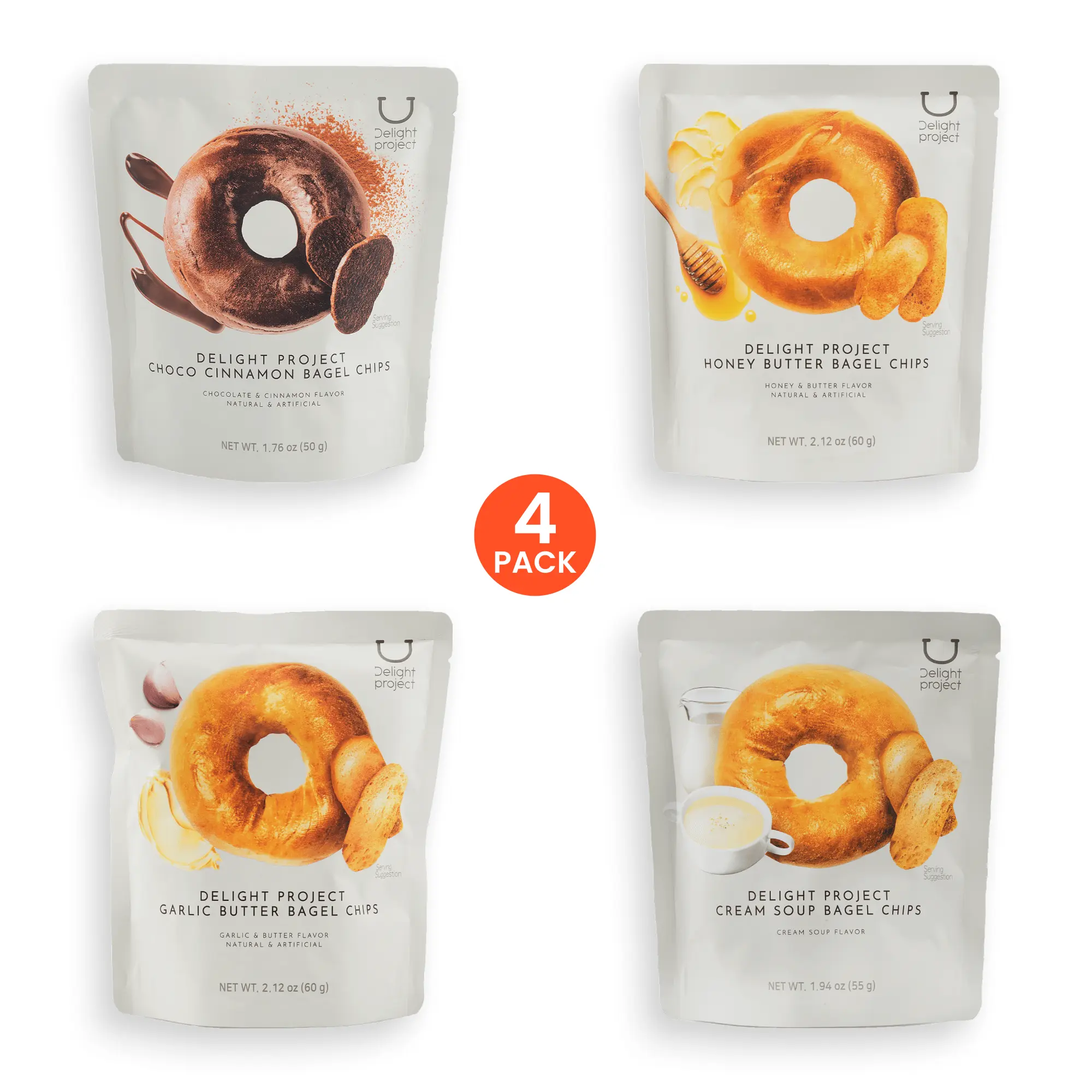 Delight Project Crispy Savory Bagel Chip Snacks (50g) - Mixed Assorted Flavors: Chocolate Cinnamon, Cream Soup, Garlic Butter, Honey Butter, Versatile Toppings, Contains Phenylalanine