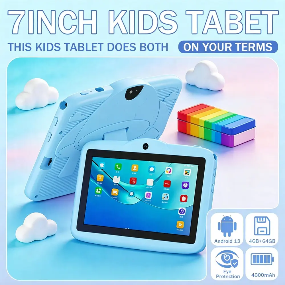 7-inch Android 13 children's tablet with 4GB RAM and 64GB ROM supports WIFI function and Bluetooth function. Parents can control it. Pre installed educational learning software can support Q-version shell