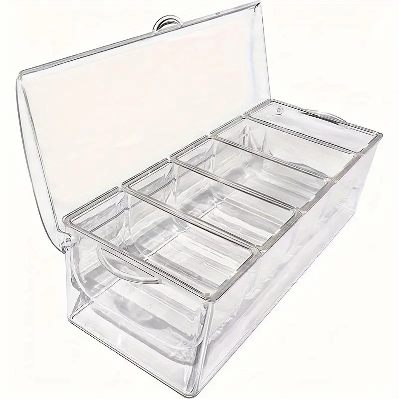 Chilled Condiment Server Tray, Bar Fruit Caddy with Lid And 5 Removable Compartments, Clear Ice Condiment Serving Tray for Party, Toppings Bar Container, Garnish Kitchen Utensils