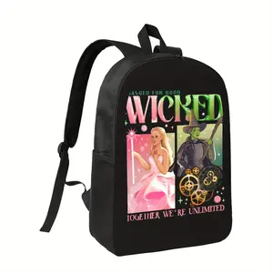 Wicked Musical Inspired Backpack - Black Polyester with Colorful Witch and Star Print, Adjustable Straps, Lightweight & Durable for School or Travel, Backpack for School, for Halloween, For Teenager