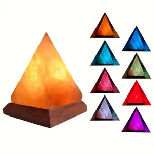 Hand-Carved USB Himalayan Salt Lamp with 8 Color Changing LED, Pyramid Crystal Rock for Home Decor, Office, Yoga & Relaxation - Genuine Wood Base, Calming Ambiance Lighting, Decor Lighting| Ambient Touchcontrolled Ligh
