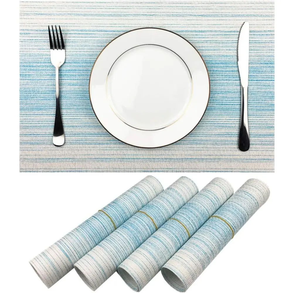Rectangle 4-Piece Blue and White Blended Woven Vinyl Placemat Set - Durable, Washable, Heat-Resistant, Anti-Skid Tableware for Kitchen Dining Tables, Outdoor Use, Thanksgiving & Christmas Dinner, Cafe, Hotel