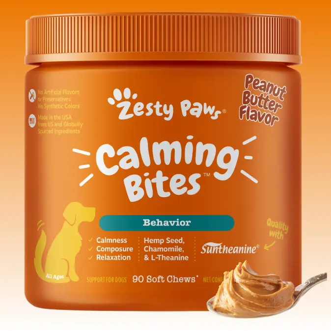 Zesty Paws Calming Bites for Dogs - Soft Chews with Suntheanine & Ashwagandha for Stress Relief & Calm Composure - Ideal for Training, 90 ct Supplements