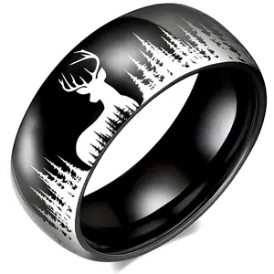 [1pc Stainless Steel Ring] 1pc Stainless Steel Men Ring |   Black Silvery Forest Deer Pattern, Fashion Men Jewelry