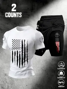Men's American Patriotic Sports Set, High Elastic Breathable T-Shirt + Dual-Layer Quick-Dry Shorts, Vintage Flag + Cross Print, Fashion Two-Piece Set