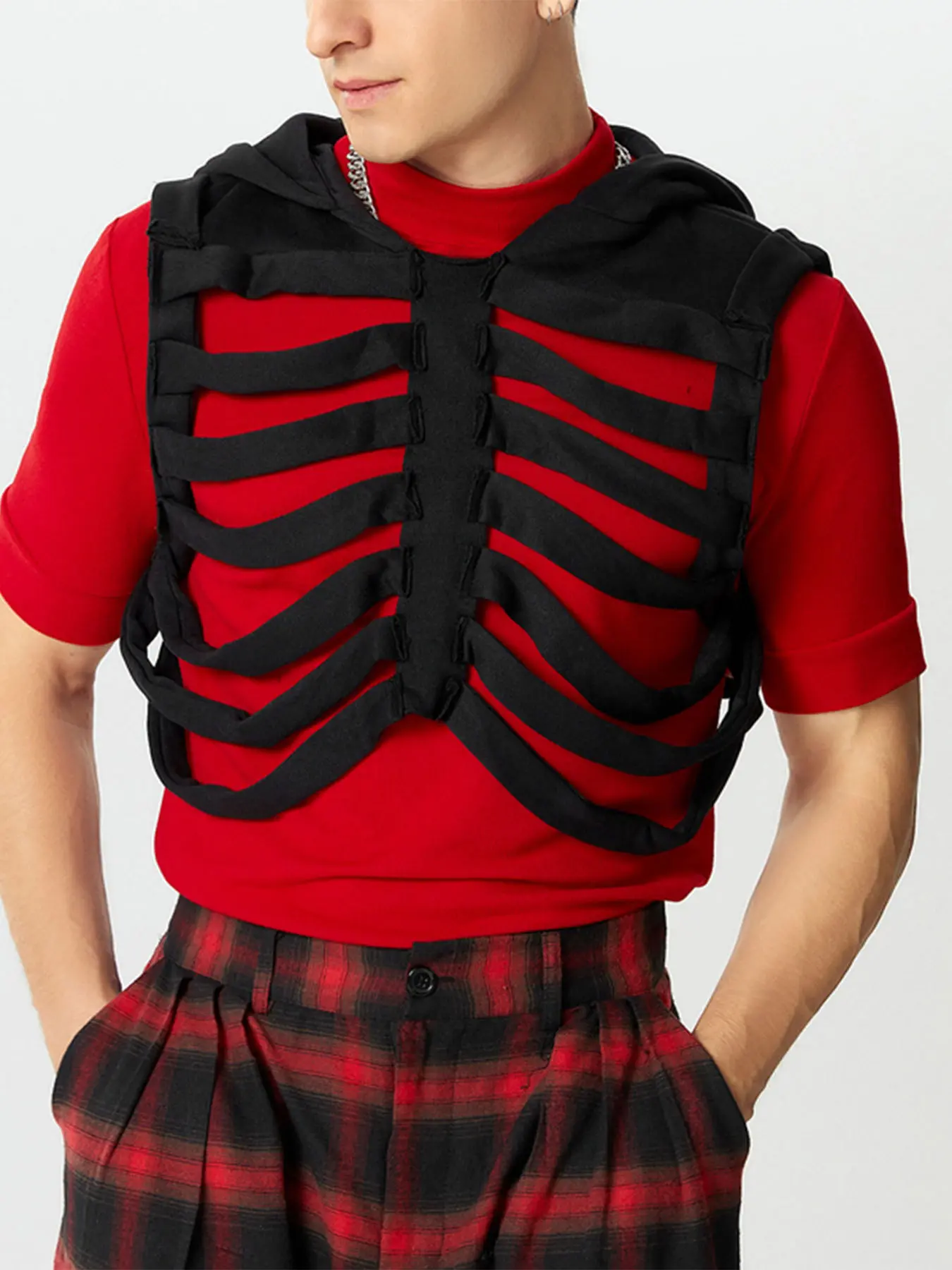 INCERUN Men's Streetwear Fashion Simple Skull Rib Deconstructed Design Solid Color Hooded Vest Tops, Perfect for Daily Wear, Stylish and Comfortable