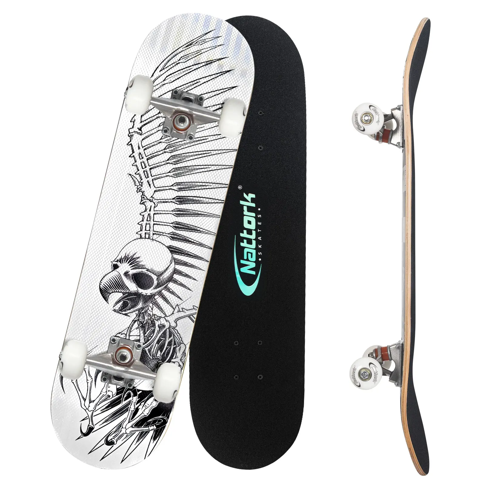 Nattork Classic 31 Double Kick Skateboard - Skull Eagle Plus, Skateboards 31 Inch Complete Skateboard Wood 9 Layer Canadian Maple Trick Skate Boards for Boys Girls Youth Teens Beginner