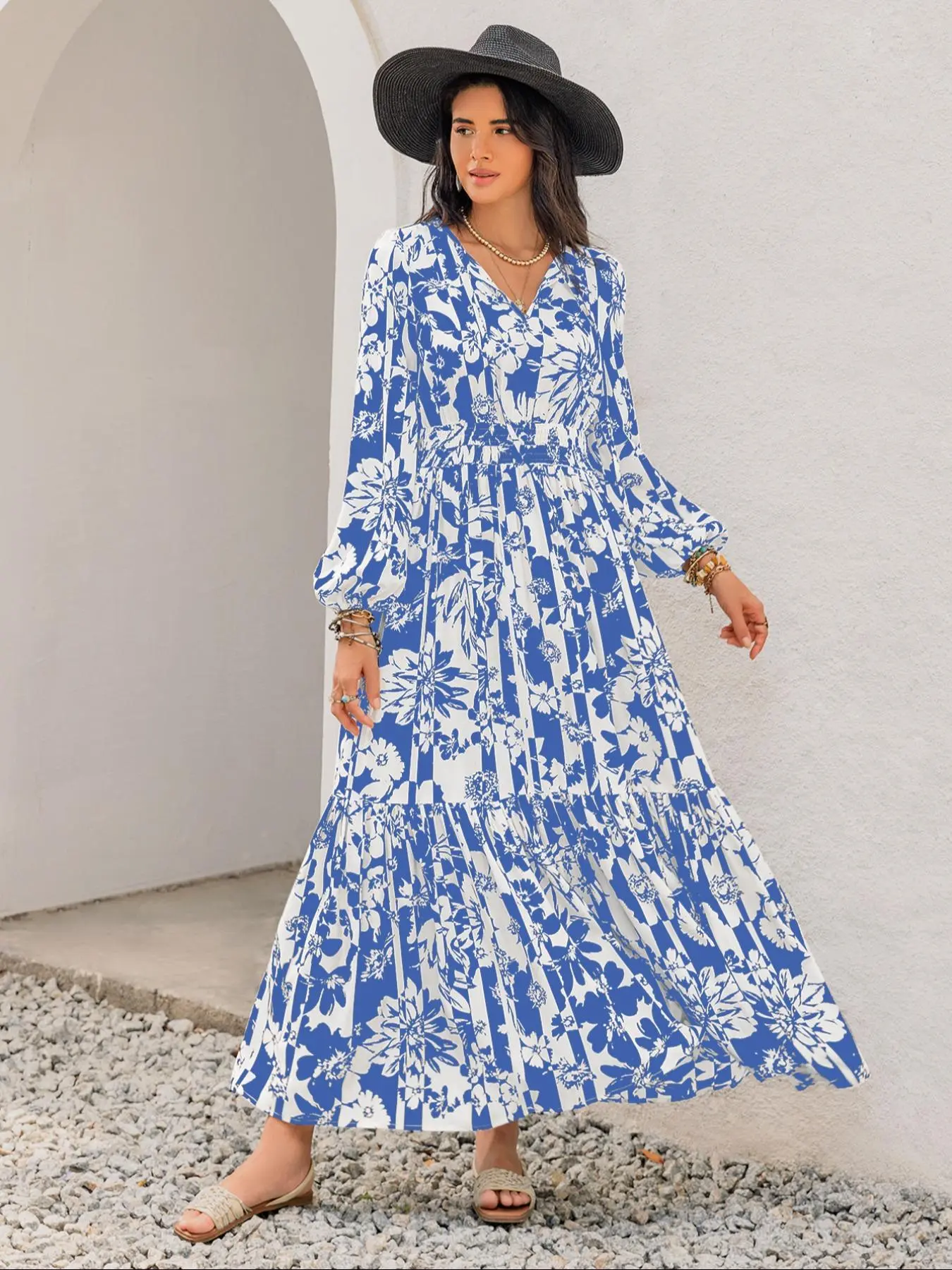 embroidered lantern sleeve tassel tie smock dress YANRU women's tropical dresses Floral Print Lantern Sleeve Tassel Tie Neck  Ruffle Hem Dress (Size : S) : Buy Online at Best Price in KSA