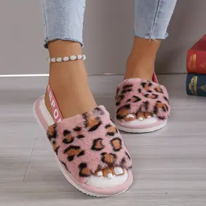 Women's Pink Leopard Fur Slide Sandals | Ankle Strap 'SPORT' Letter Print Fluffy Upper Contrast Sole Daily/Outing Cute Casual Comfort Shoes