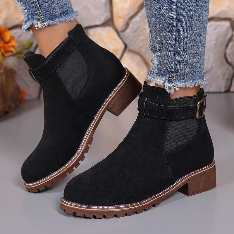 Women's buckle thick low heel anti slip thick sole fashionable ankle boots - round headed solid color short boots, suitable for winter and autumn, casual and formal wear