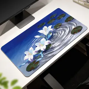 Premium White Lily And Water Ripple With Blue Ribbon Illustration High Quality Mouse Pad Modern Office Gaming Comfort Experience Non?Slip Durable For Daily Work And Play  40*80 Size.