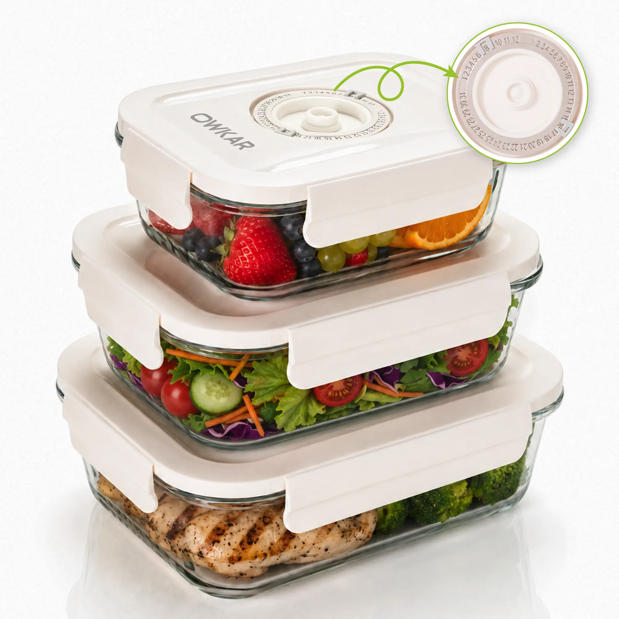 OWKAR 3 Pack Glass Vacuum Seal Containers for Food Storage with Date Tracker Lids, Airtight Leakproof Borosilicate Glass Meal Prep Containers, Microwave/Freezer/Dishwasher Safe (Sealer Not Included)