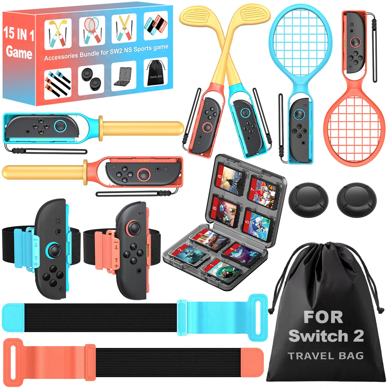 ESYWEN For 2025 Nintendo Switch 2 Sports Accessories 15 in 1 Bundle, Designed for Switch Sports Games, Mario Golf Super Rush, Mario Tennis Ace, Just Dance, Ring Fit Adventure - Family Party Game Kit, Kids Gift Idea, Joy-Con 2 Compatible