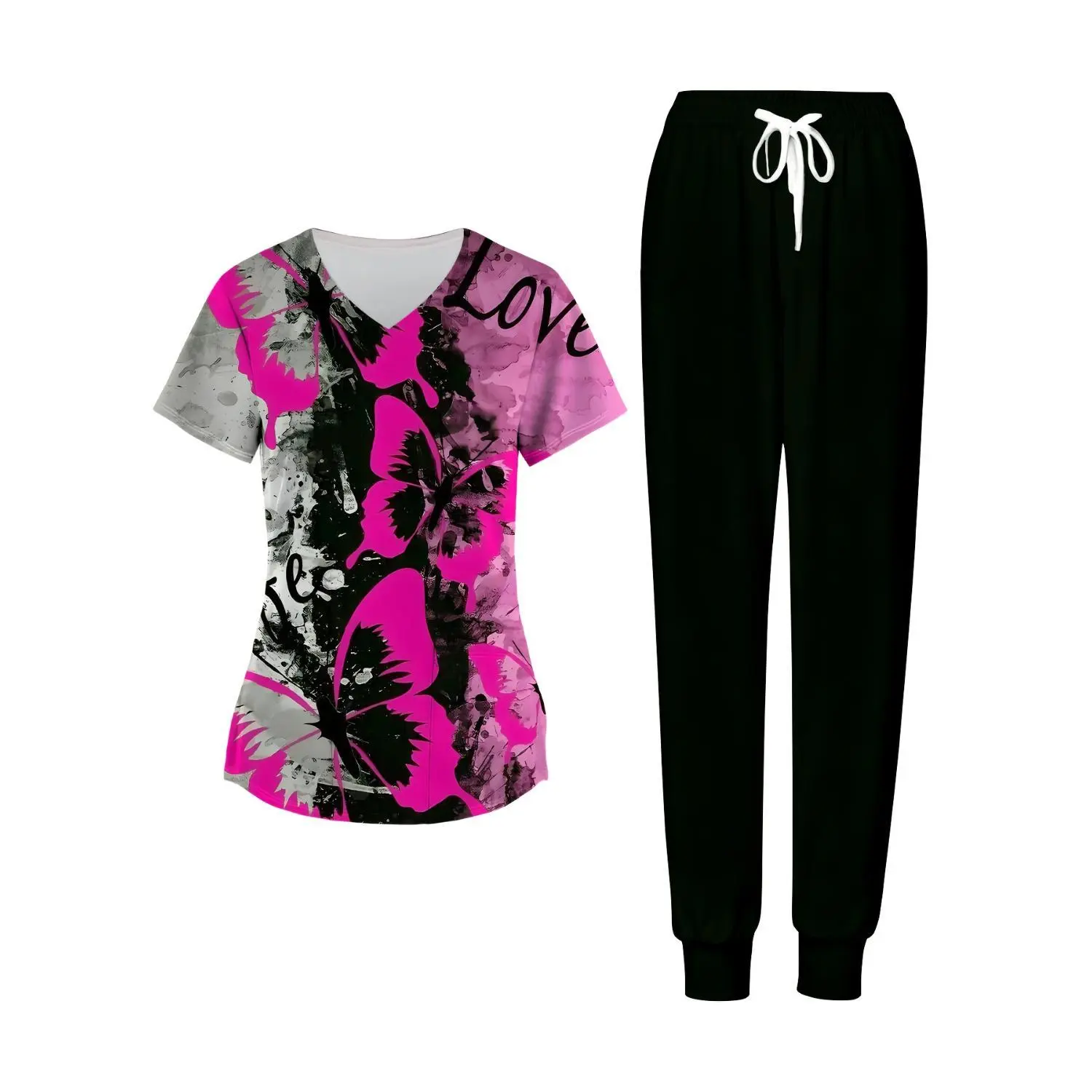 Plus Size Women's Nurse Uniform Set, Butterfly and Heart Print Design, Ideal for Work, Hospital, or Casual Wear, Comfortable Fabric, Perfect Gift Option