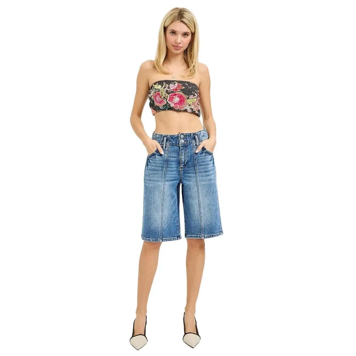 Slat Tree Women's High Rise Slouchy Bermuda Shorts, Comfortable Medium Wash Stretch Denim with 12" Inseam & Double Button, Style, Casual, Piece, Above Knee, Cotton, Fit, Bottoms, Whiskered Fade