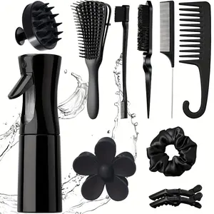 [11pcs Hair Brush Set] 11pcs Hair Brush Set for Women and Men |       Comb Set for Teasing, Edge & Back Brushing, Curly Hair Brush Set with Spray Bottle for Detangling Brush, Scalp Massager Shampoo Brush, Premium Wide Tooth Comb, Flower hair clip, Brush S