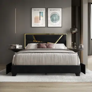Zuri Platform Bed - Contemporary Gold Accents, Hidden Storage, Premium Velvet Upholstery, Easy Assembly, No Box Spring Needed