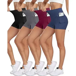 Womens 4 Pack Spandex Yoga Shorts High Waist Tummy Control with Pockets Booty Shorts cheeky short skirts