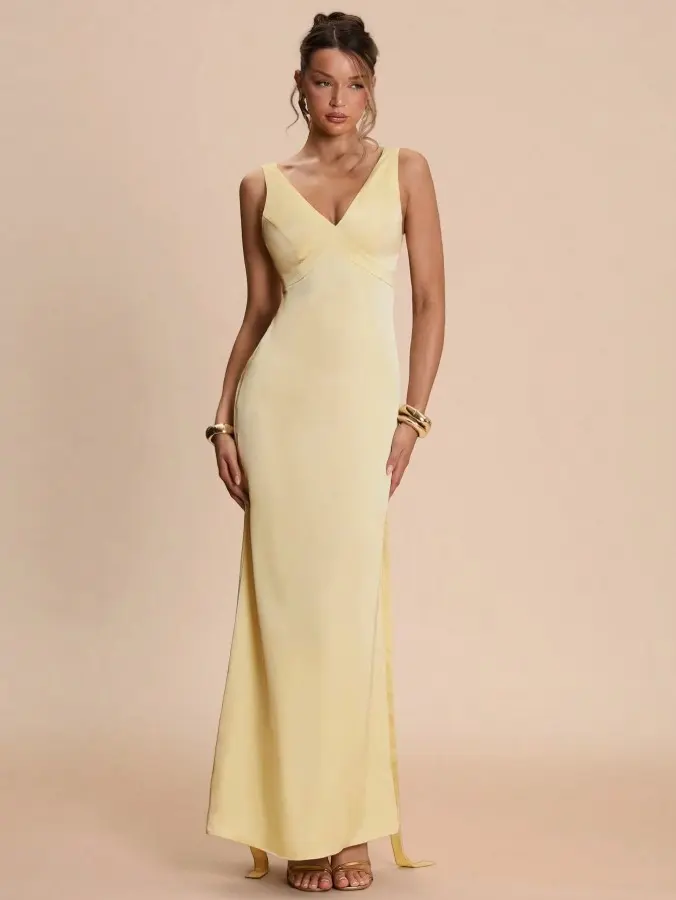 Satin Open Back Dress in Yellow