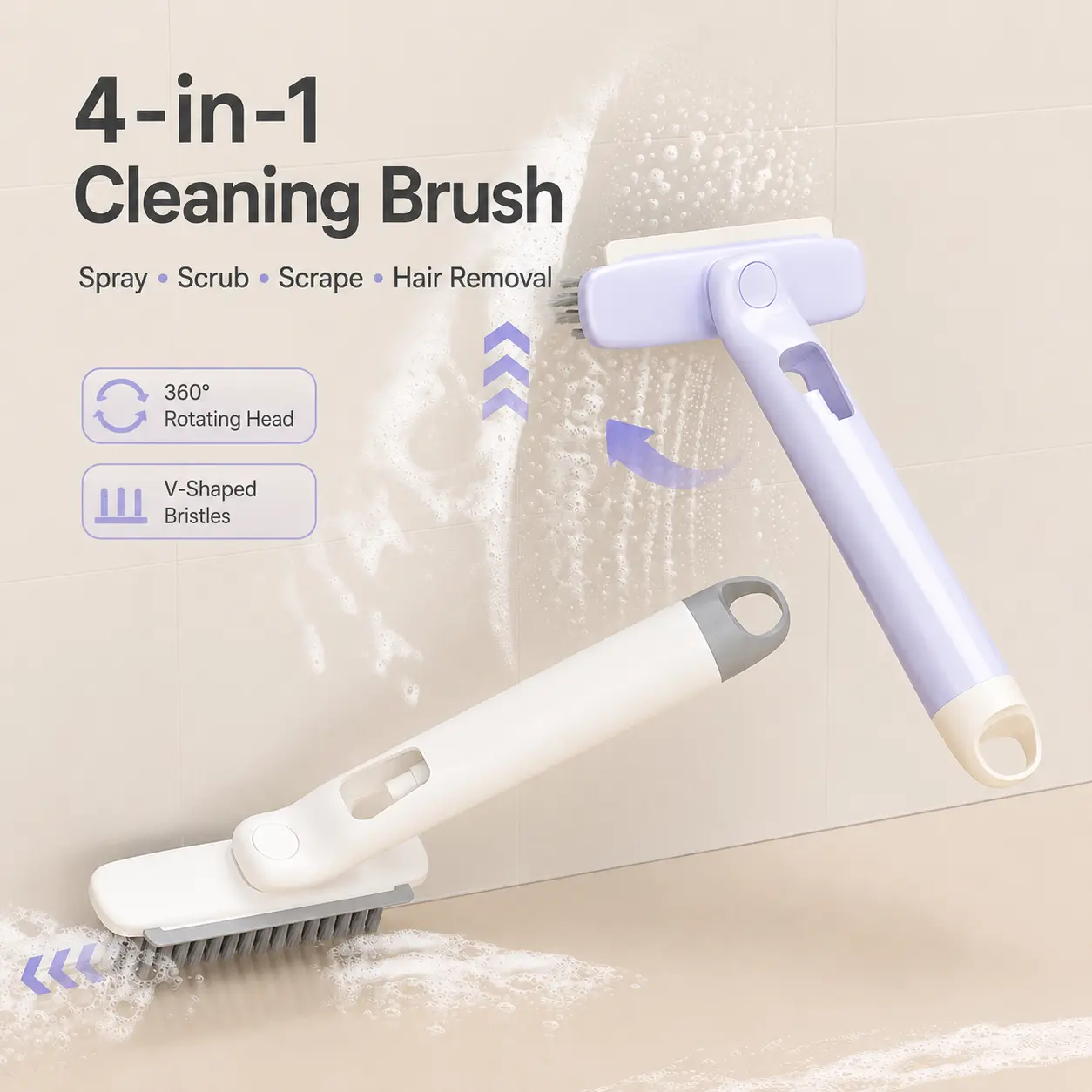 4-in-1 Refillable Plastic Body Crevice Cleaning Brush - 360° Rotation Spray Scrubber with V-Shaped Bristles, Scraper, Hair Clip for Bathroom Tile Grout, Shower Tracks, Sink Edges