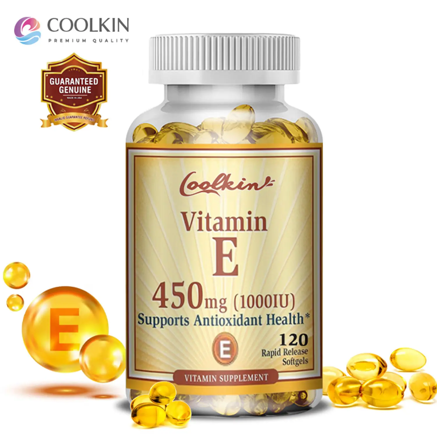 Coolkin Vitamin E 450 mg (1000 IU), 60/120 Softgels - Natural Antioxidant, - Natural Source Vitamin E