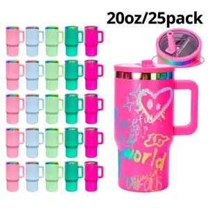 25Pack 20oz Rainbow Plated  Flip Straw Tumbler,Stainless Steel Vacuum Insulated Flask with Handle & Flip Straw, Laser Engraved Leakproof Insulated Container for Travel Kitchenware Drinkware,summervibes