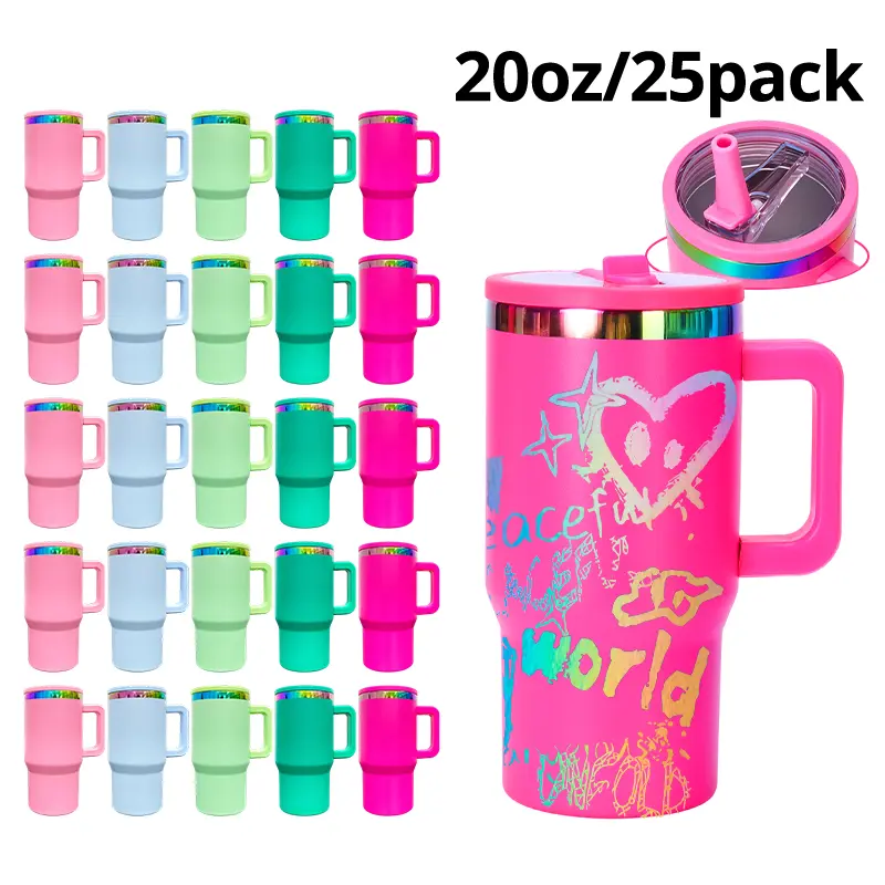 25-Pack 20oz Rainbow Plated Flip Straw Tumbler Mug, Stainless Steel Vacuum Insulated Flask with Handle, Laser Engraved Leakproof Container for Travel Kitchenware Drinkware