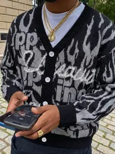 Men's Street Style Letter Print V-Neck Sweater Knitwear, Casual Loose Fit Long Sleeve Pullover, Spring & Fall Fashion Top