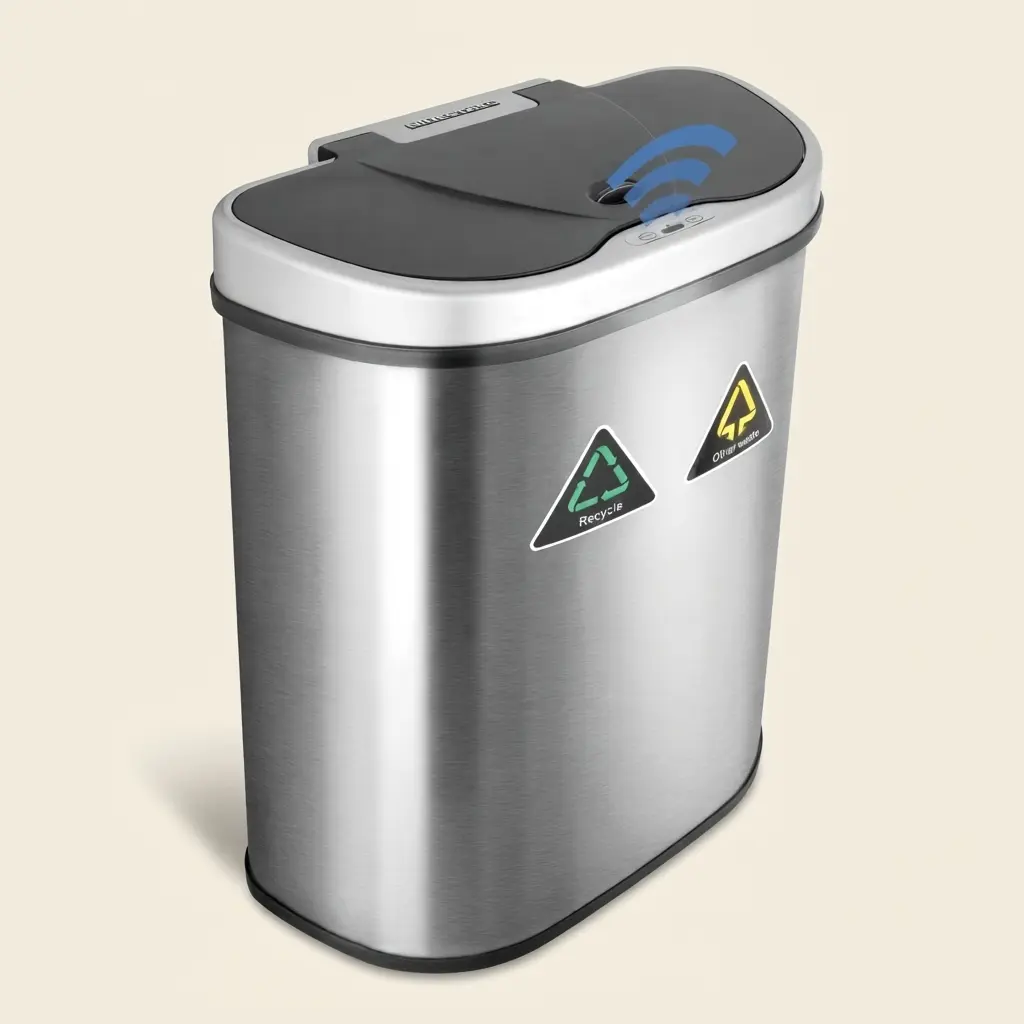 Nine Stars Dual Compartment Automatic Trash Can 18.5 Gallon Stainless Steel Motion Sensor Soft Close Recycle Bin Set
