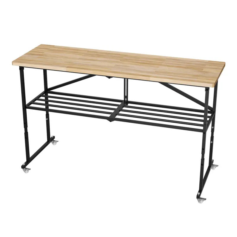 SmartFold Sturdy Foldable Heavy-Duty Butcher-Block Workbench - Commercial Natural Wood-Top Utility Table, 2000 lbs Capacity, 68.5*21.65*45.08 in, Office/Home Computer Desk Alternative with Wheel, Portable Locking Casters & Quick-Collapse Steel Frame