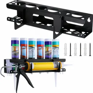 1 durable metal caulking gun holder and sealant organizer - wall-mounted storage rack, holds 6 tubes, includes nozzles, ideal for garage and workshop organization, practical shelf