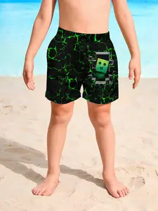 Boys Roblox Beach Shorts with Cracks and Game Character Prints, Casual Fitted Knee Length Swimwear for Kids, Drawstring Bathing Suit, Swim Board Shorts