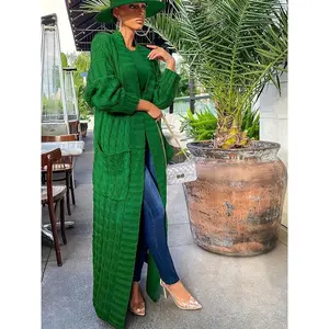 Solid Open-Front Knit Cardigan, Casual Long-Sleeve Long-Length Sweater, Women’s Clothing