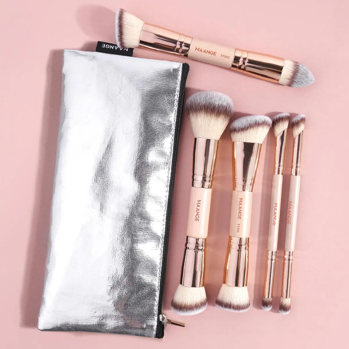 MAANGE 5pcs Professional Double-Ended Makeup Brushes, Versatile Makeup Brush Set with Makeup Bag, Foundation Brush Loose Powder Brush Blush Brush Contour Brush Eyeshadow Brush Detail Brush,Essential Tools for Flawless Application