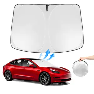 Sun Shade for Tesla Windshield Foldable Sun Shade Cover  -- Blocks 99% Heat, Perfectly Fitted Enhanced Privacy, No-Light-Pass & Keep Cool Silver-Coated Oxford Fabric Summer Vehicle Accessories for Cars,SUVs, MPVs