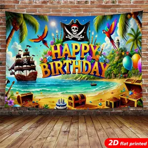 Pirate Themed Polyester Tapestry Wall Hanging - 2D Flat Printed Backdrop with Tropical Palm-Adventure Ship Beach Design, Kids Boys Room Decor, Photo Booth Prop, Gift