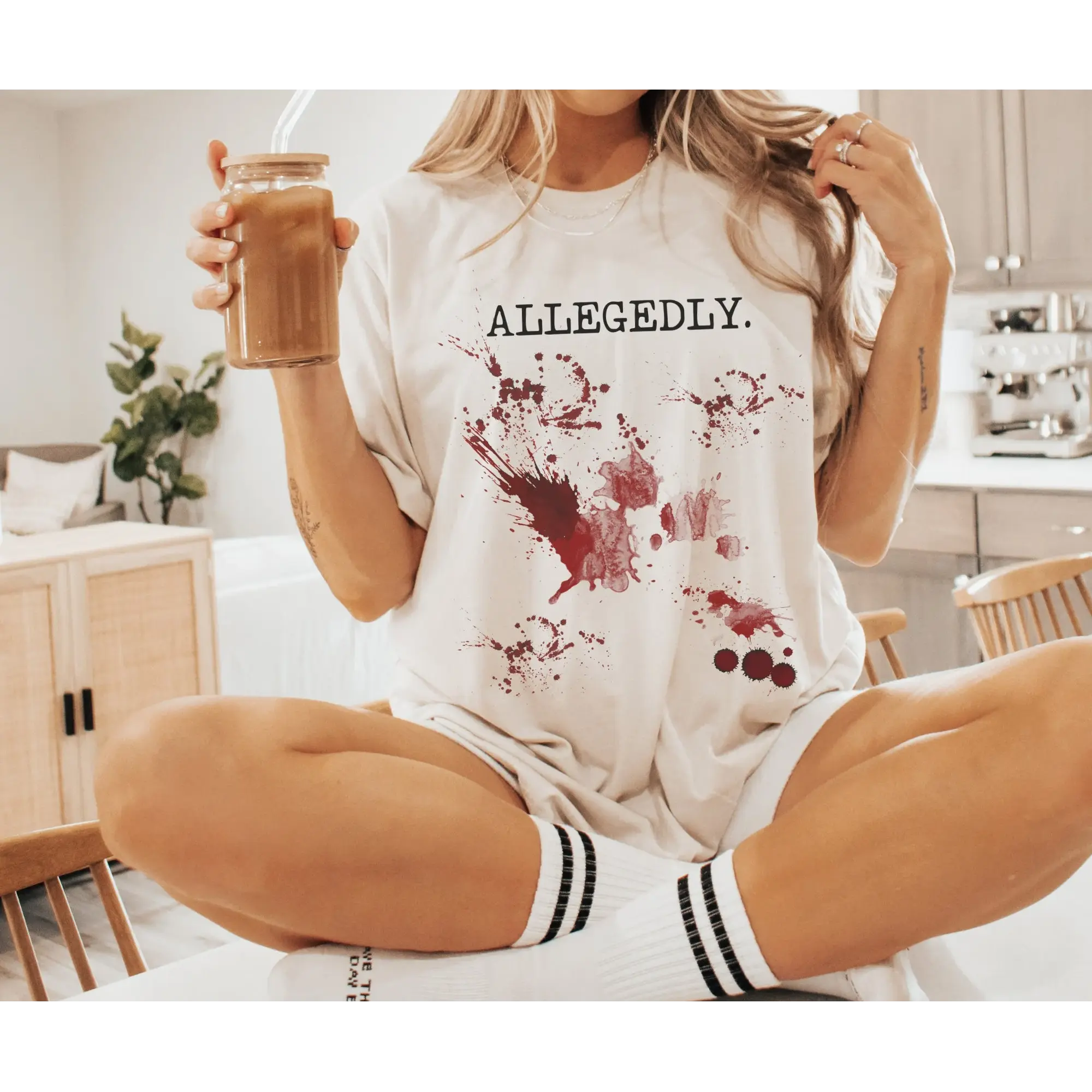 Funny Lawyer Gift Tee, Allegedly Print with Blood Splatter, Dark Humor Graphic T-shirt, Law Student Casual Shirt